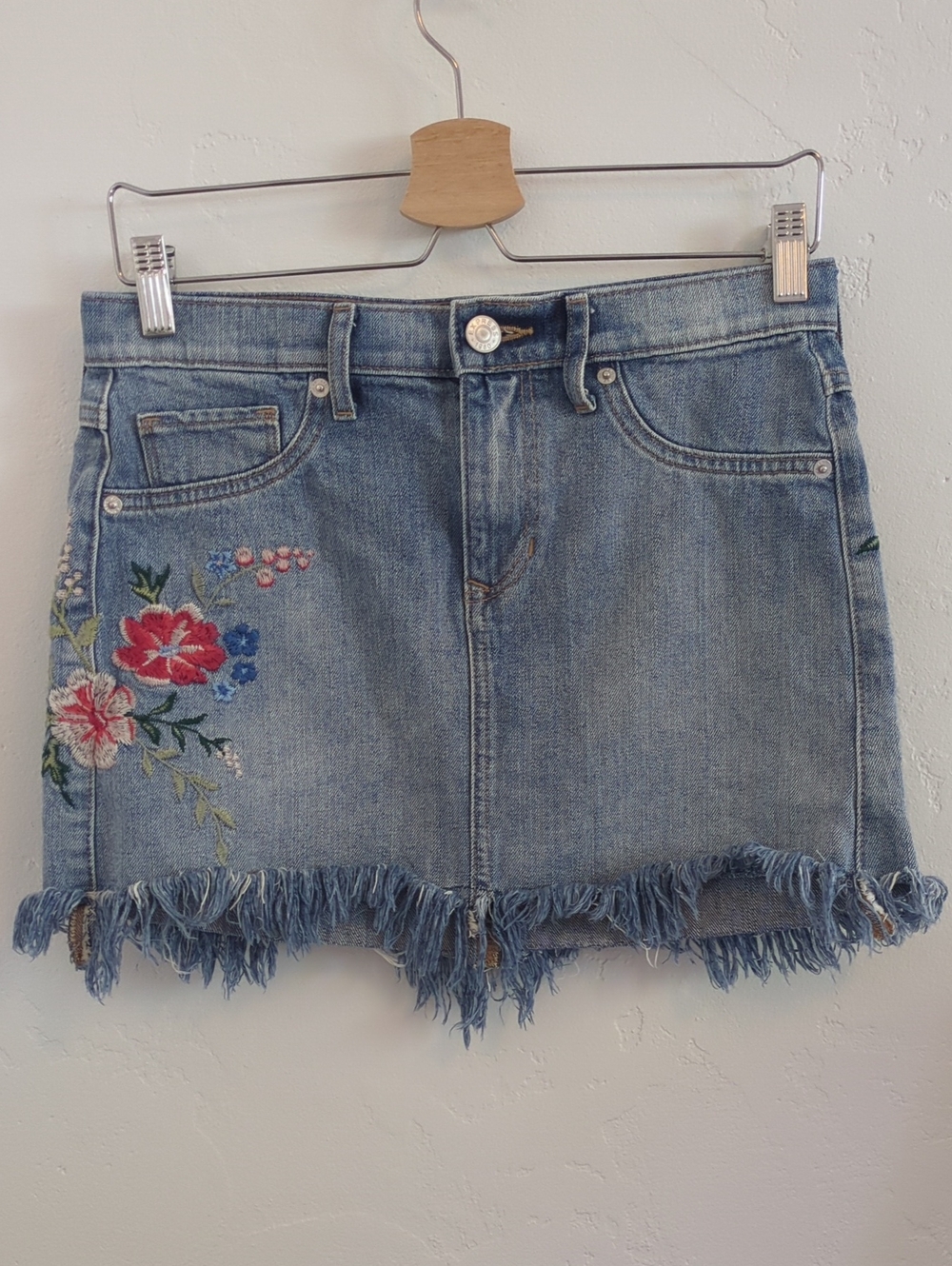 Express Light Blue Denim Mini Skirt with Floral Embroidery